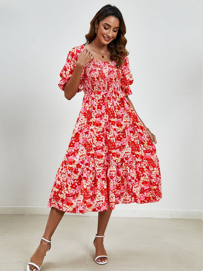 Smocked Floral Square Neck Short Sleeve Dress.