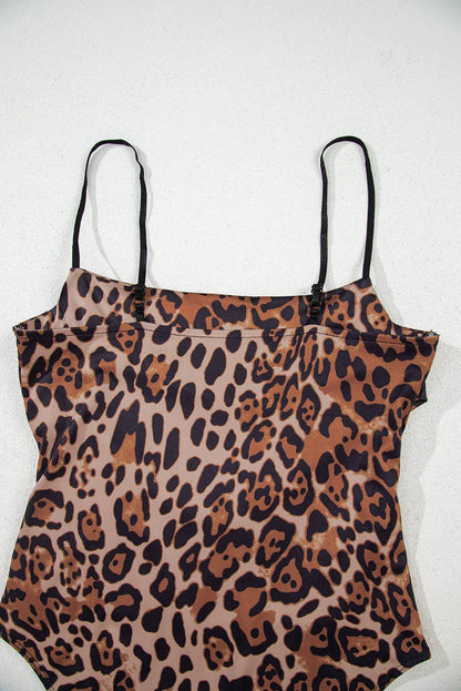 Brown Spaghetti Straps Ruched Leopard Bodysuit for Women