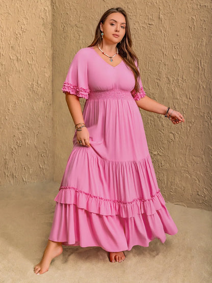 Pink Ruffle Charm Smocked Maxi Dress – Plus Size