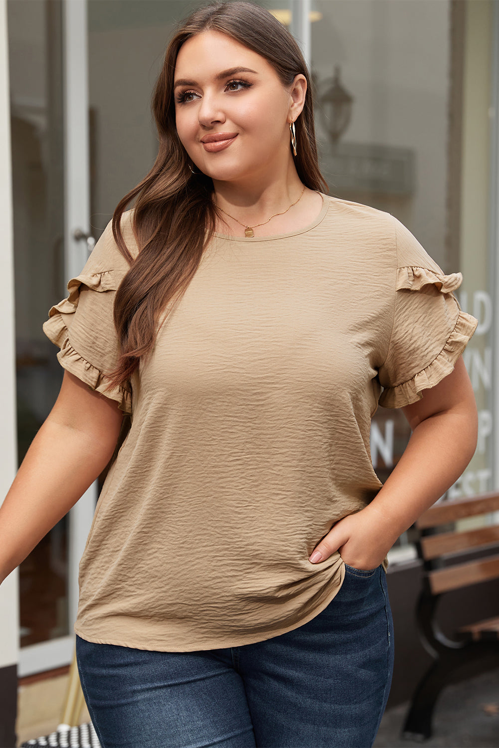 Chic ruffled short sleeve top in light beige for plus sizes