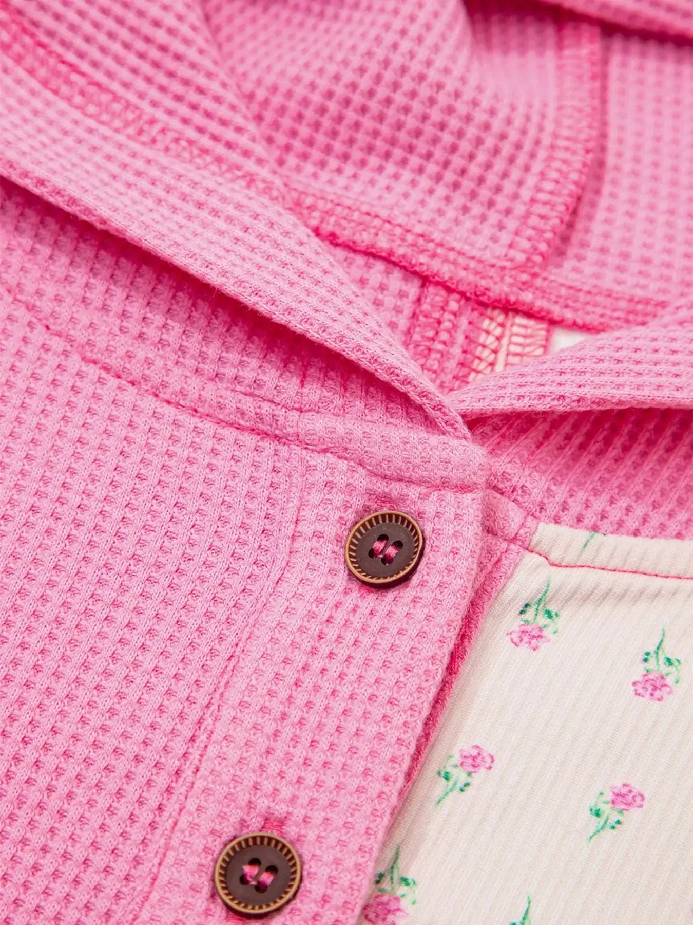 Mixed Texture Waffle Floral Patchwork Hooded Oversize Pullover Simply Love