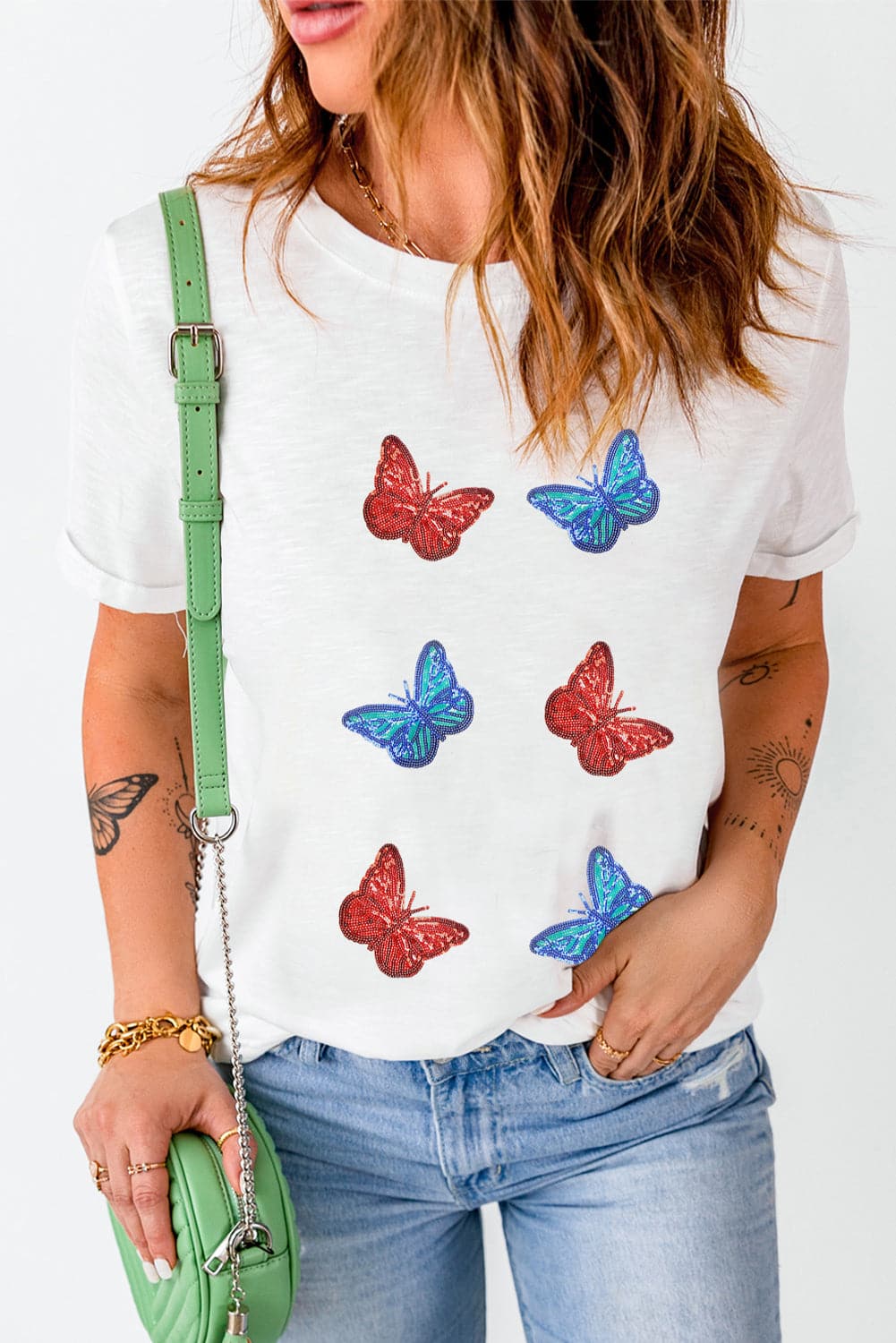 Sequin Butterfly Round Neck Short Sleeve T-Shirt.