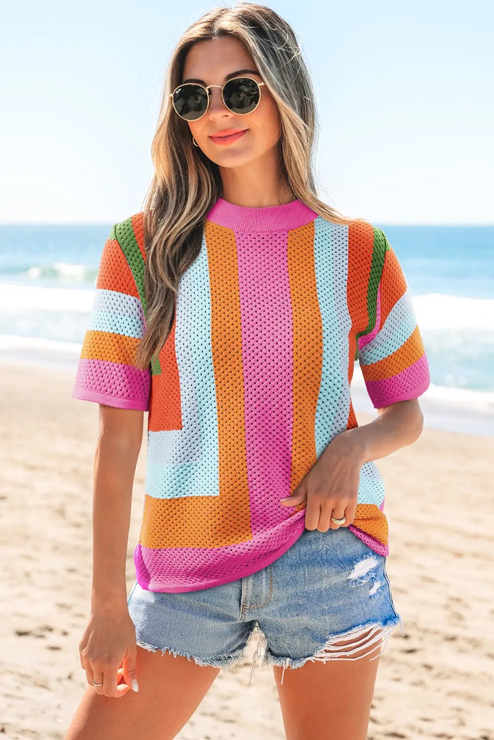 Marianna Eyelet Colorblock Casual Sweater Top - Love Salve 
