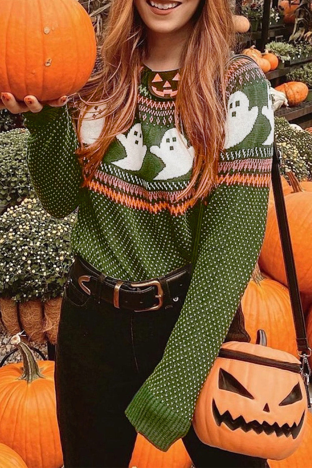 Jungle Green Spooky Ghost Drop Shoulder Sweater