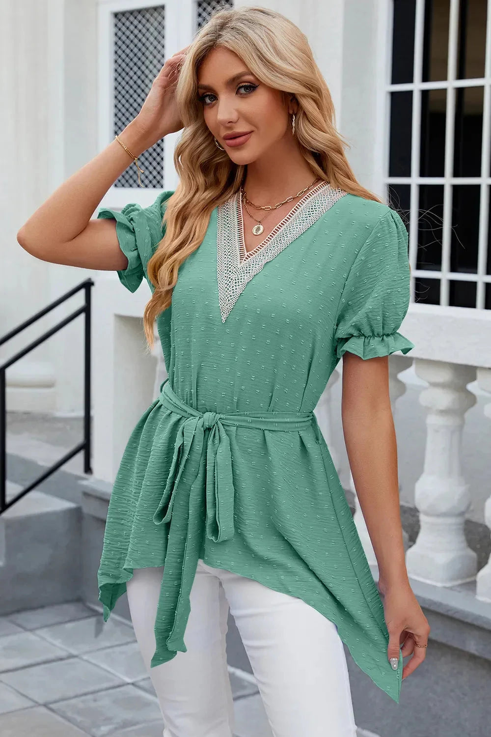 Swiss Dot Tie Waist Flounce Sleeve Blouse Coco’s Tee Boutique