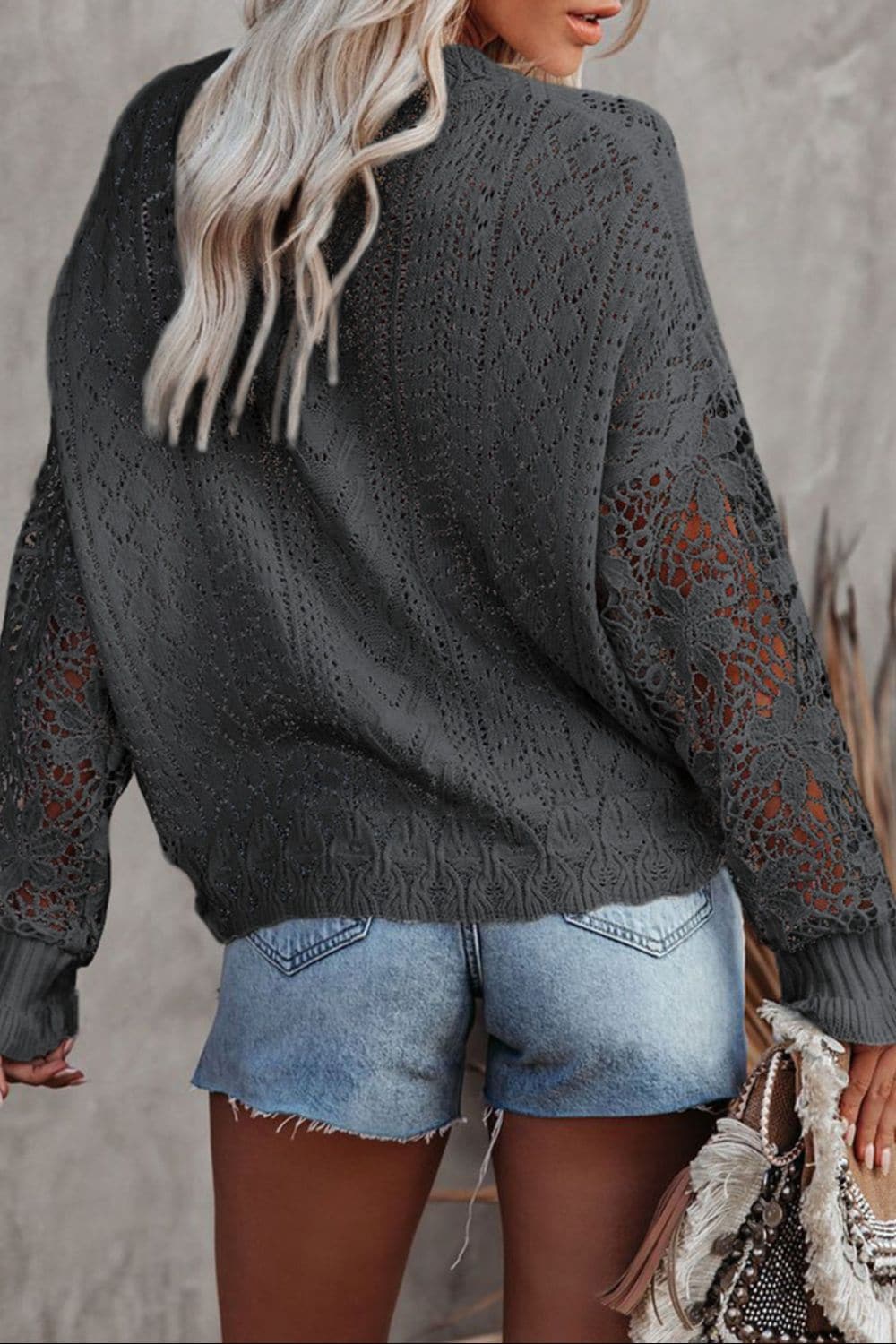 Openwork Lantern Sleeve Dropped Shoulder Sweater.