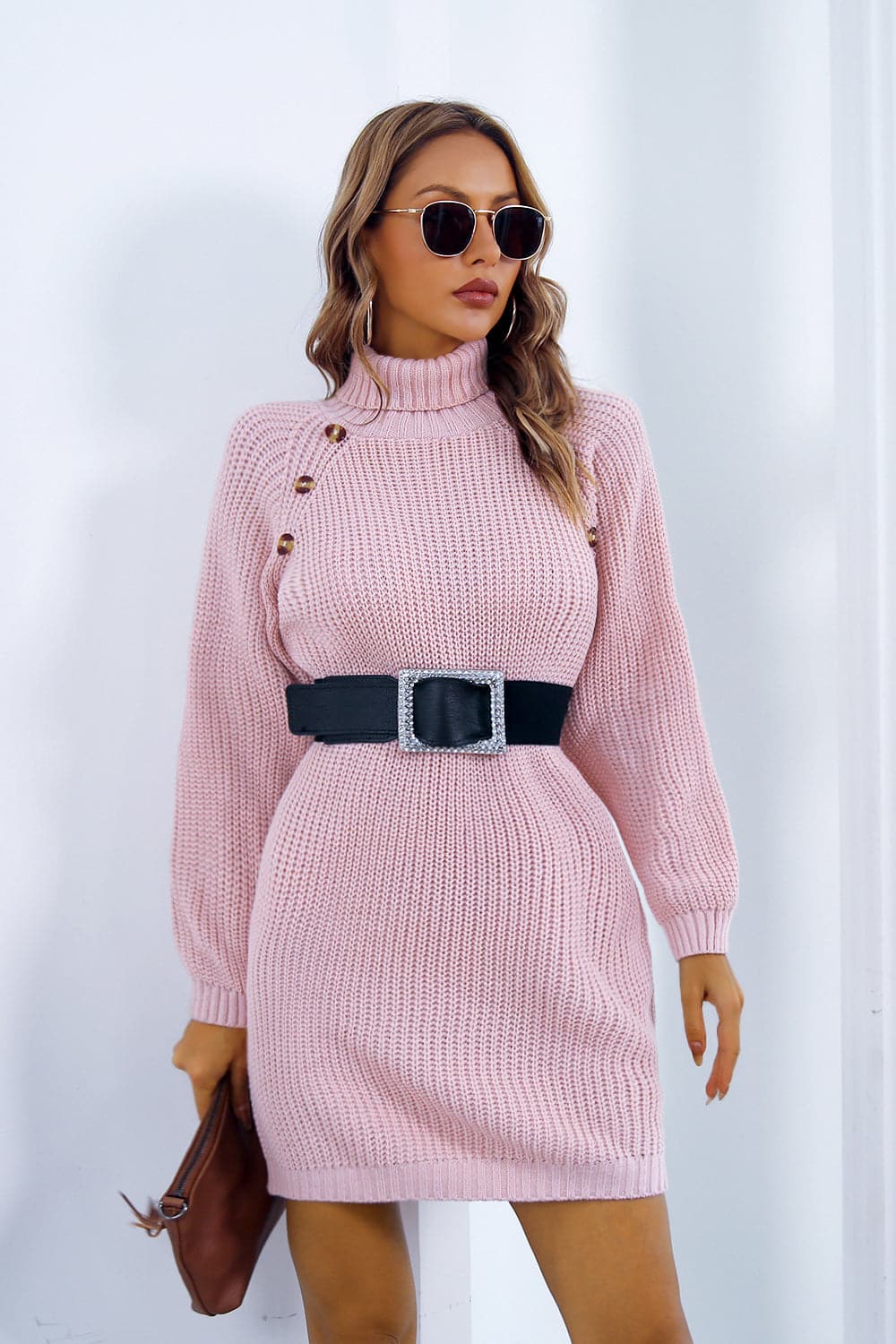 Buttoned Turtleneck Long Sleeve Sweater Dress.