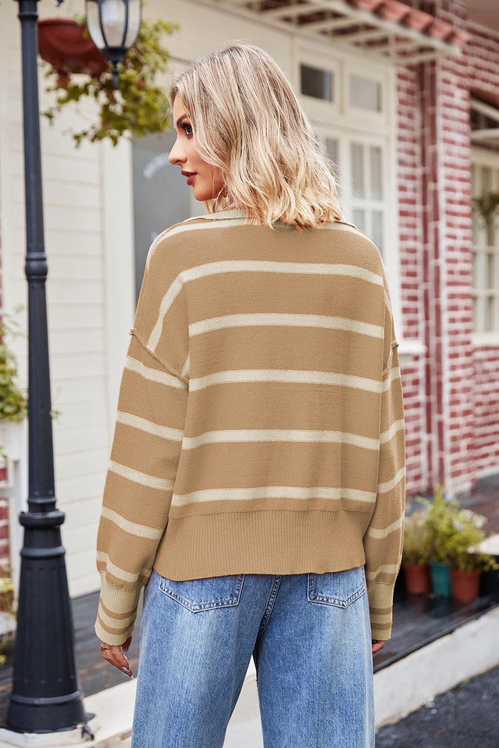 Striped Johnny Collar Sweater.