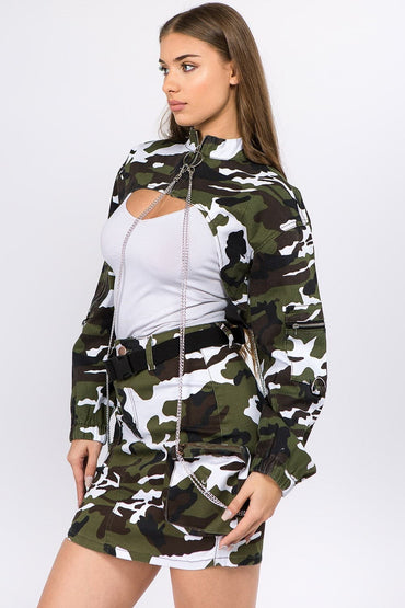 Edgy urban camouflage cropped jacket with chain accents