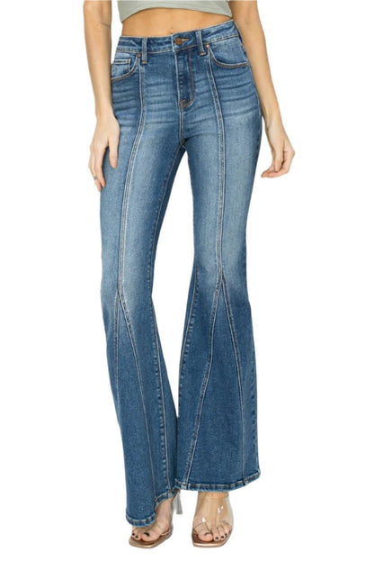 RISEN Full Size High Rise Front Seam Detailed Flare Jeans.