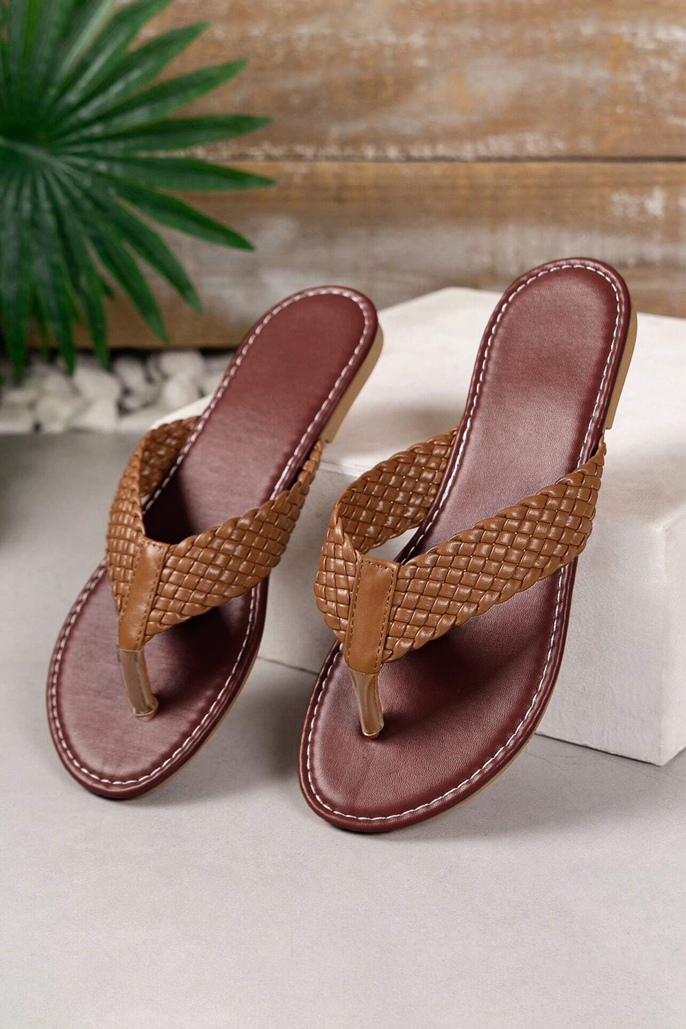 Chestnut Braided Strap PU Leather Flip Flop