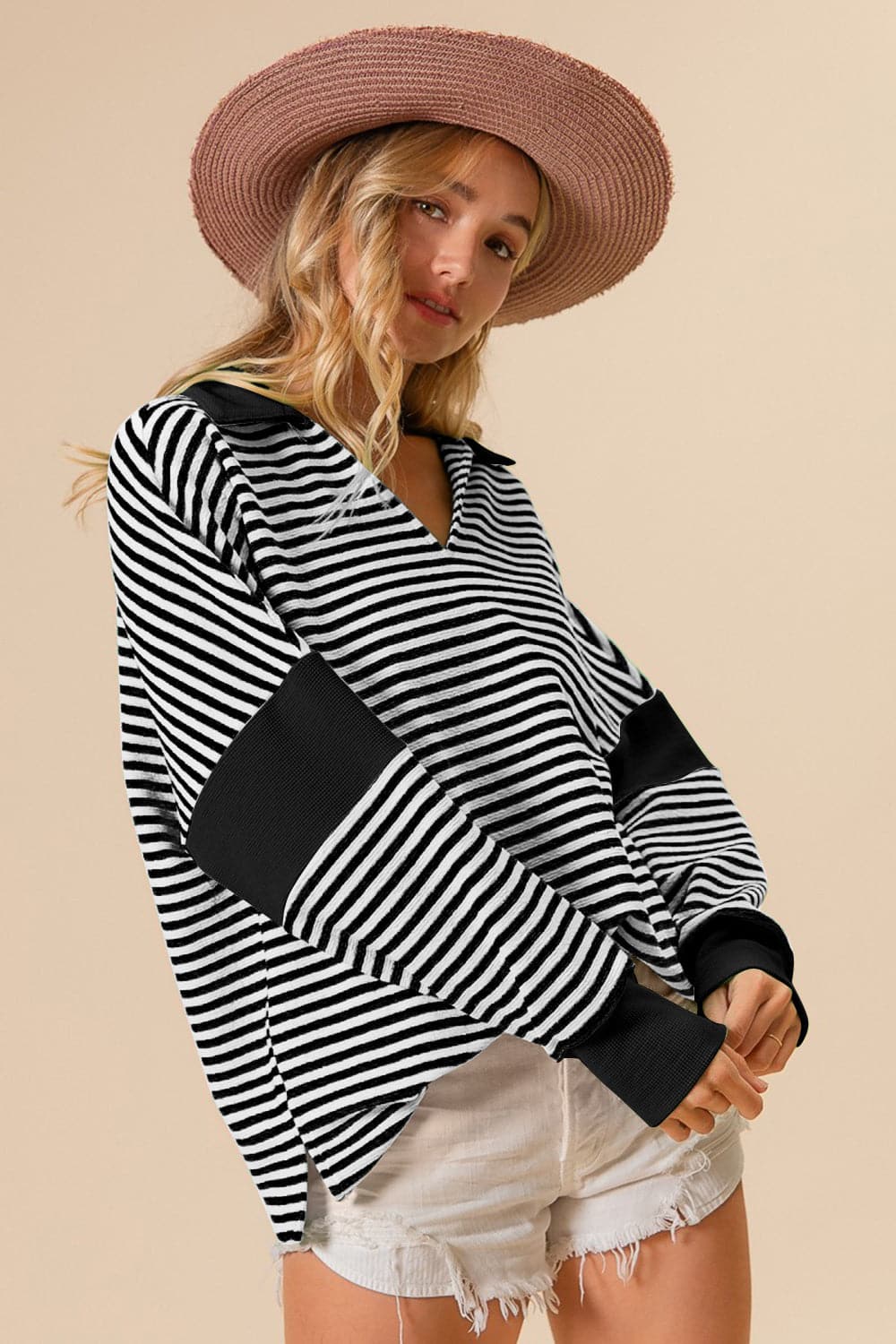 BiBi Striped Contrast Long Sleeve Knit Top.