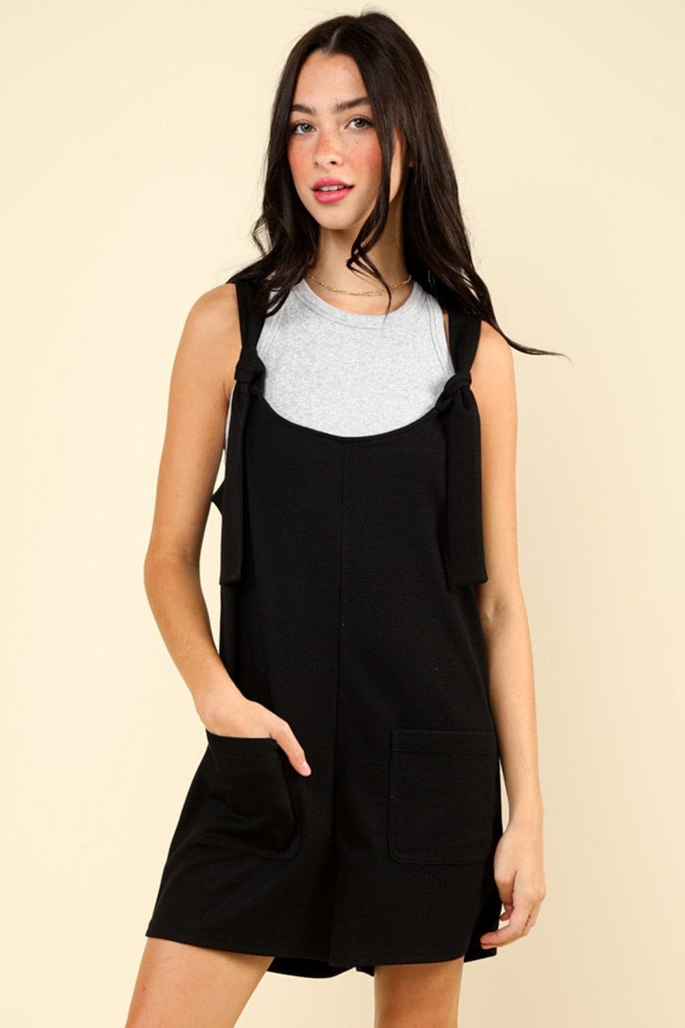 VERY J Tie Shoulder Front Pocket Romper.