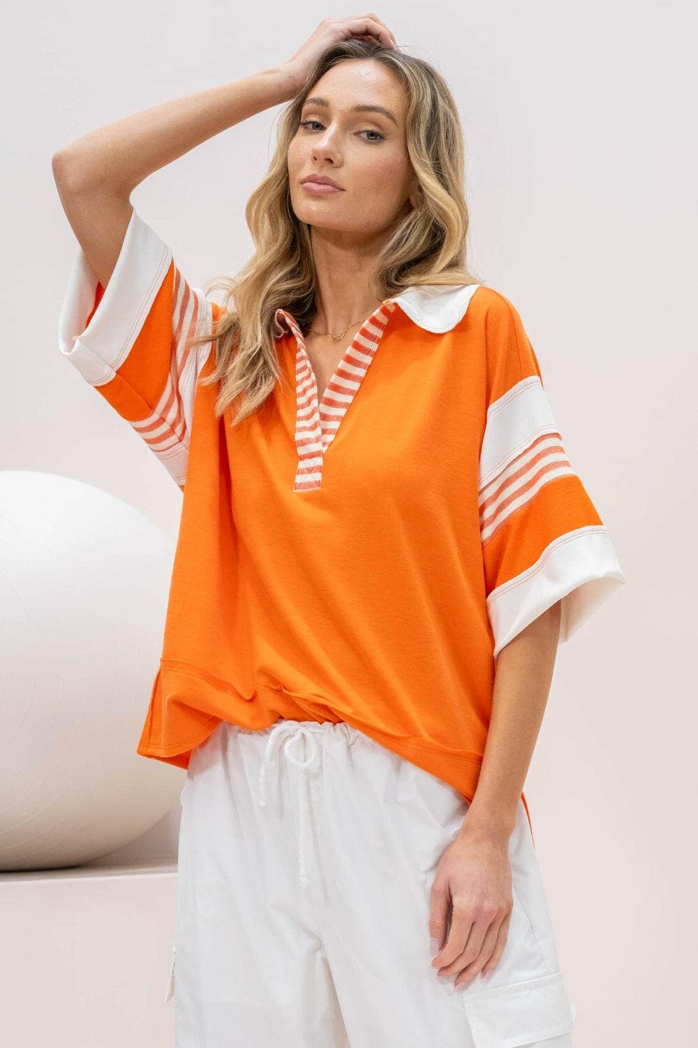 Hailey & Co Full Size Contrast Stripe Polo ShirtUpgrade Your Style with the Hailey &amp; Co Full Size Contrast Stripe Polo Shirt
 Elevate your wardrobe with the Hailey &amp; Co Full Size Contrast Stripe Polo ShirtLove Salve Full Size Contrast Stripe Polo Shirtjust arrived