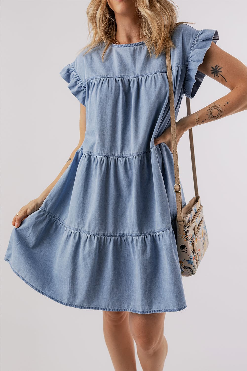 Ruffled Round Neck Cap Sleeve Denim Dress.