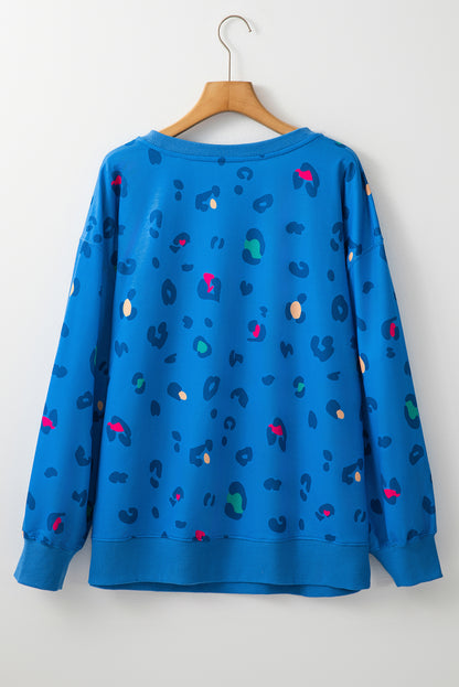 Sky blue leopard print drop shoulder pullover for effortless style