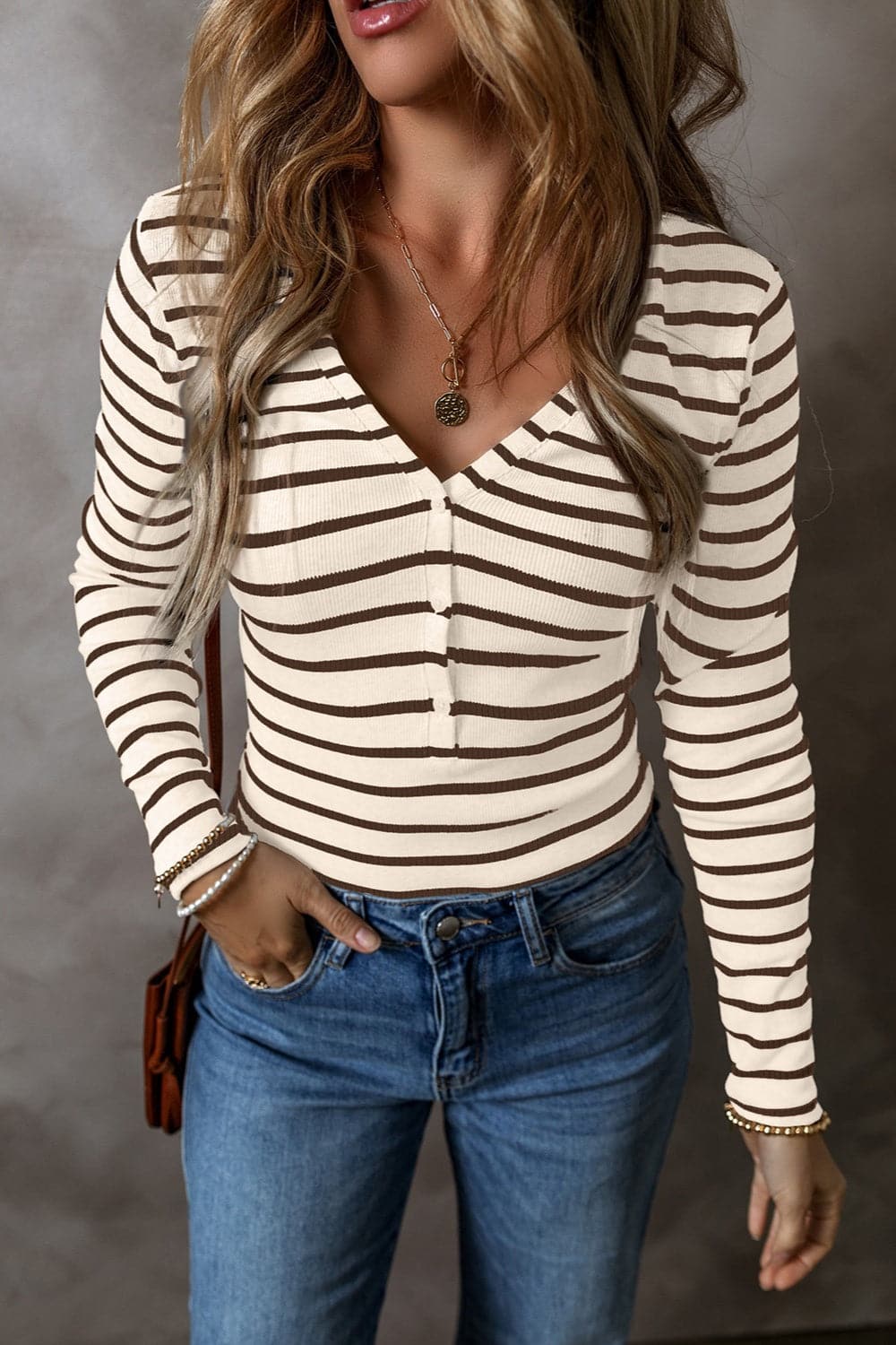 Striped V-Neck Long Sleeve Top.