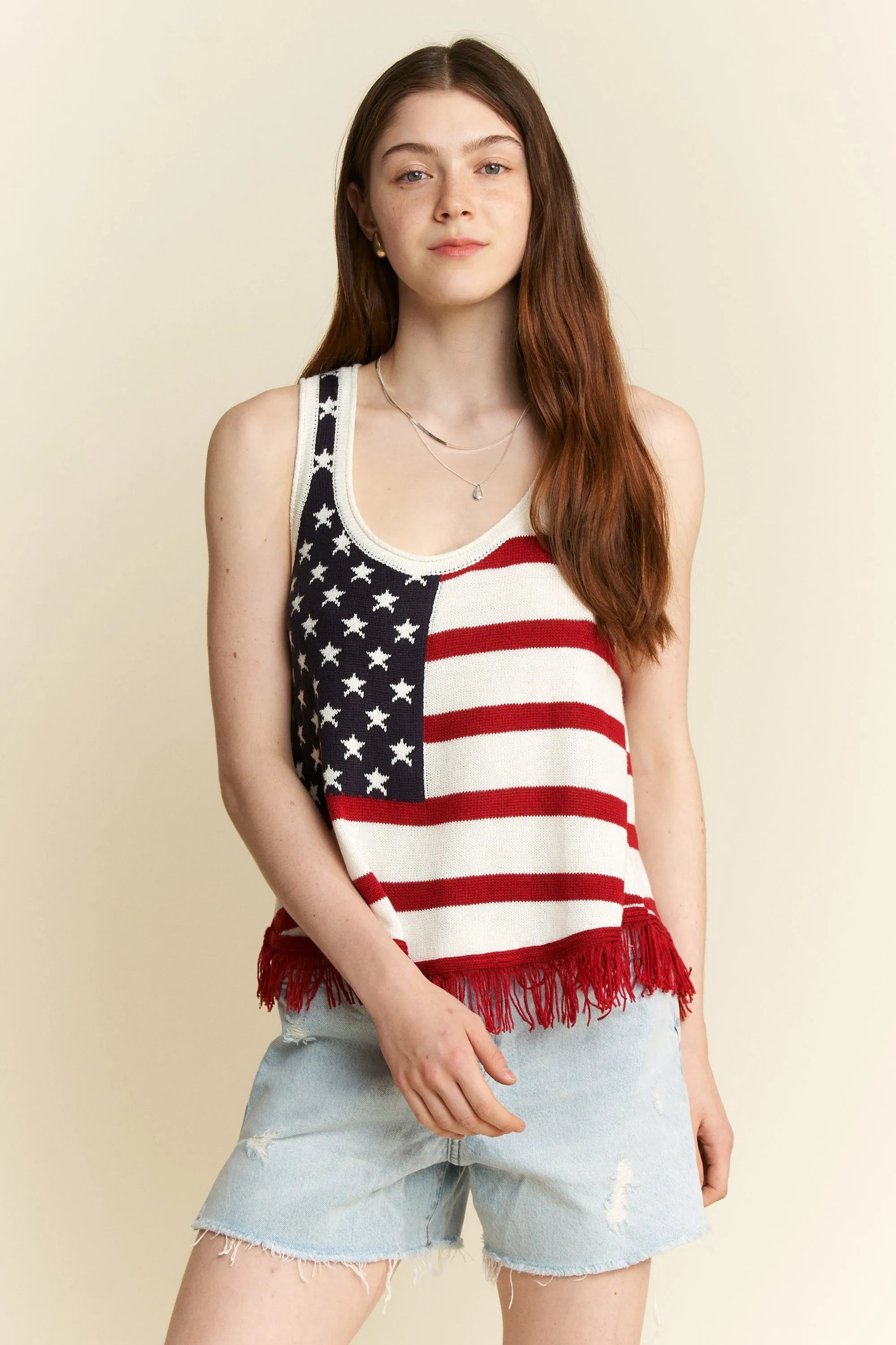 Jade By Jane Full Size American Flag Fringe Tank Top Plus Size - Love Salve 
