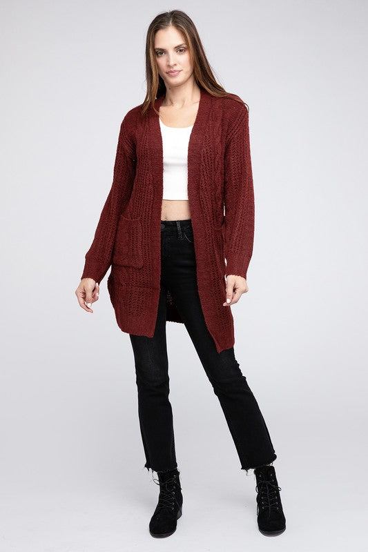 Twisted texture open front cardigan with pockets