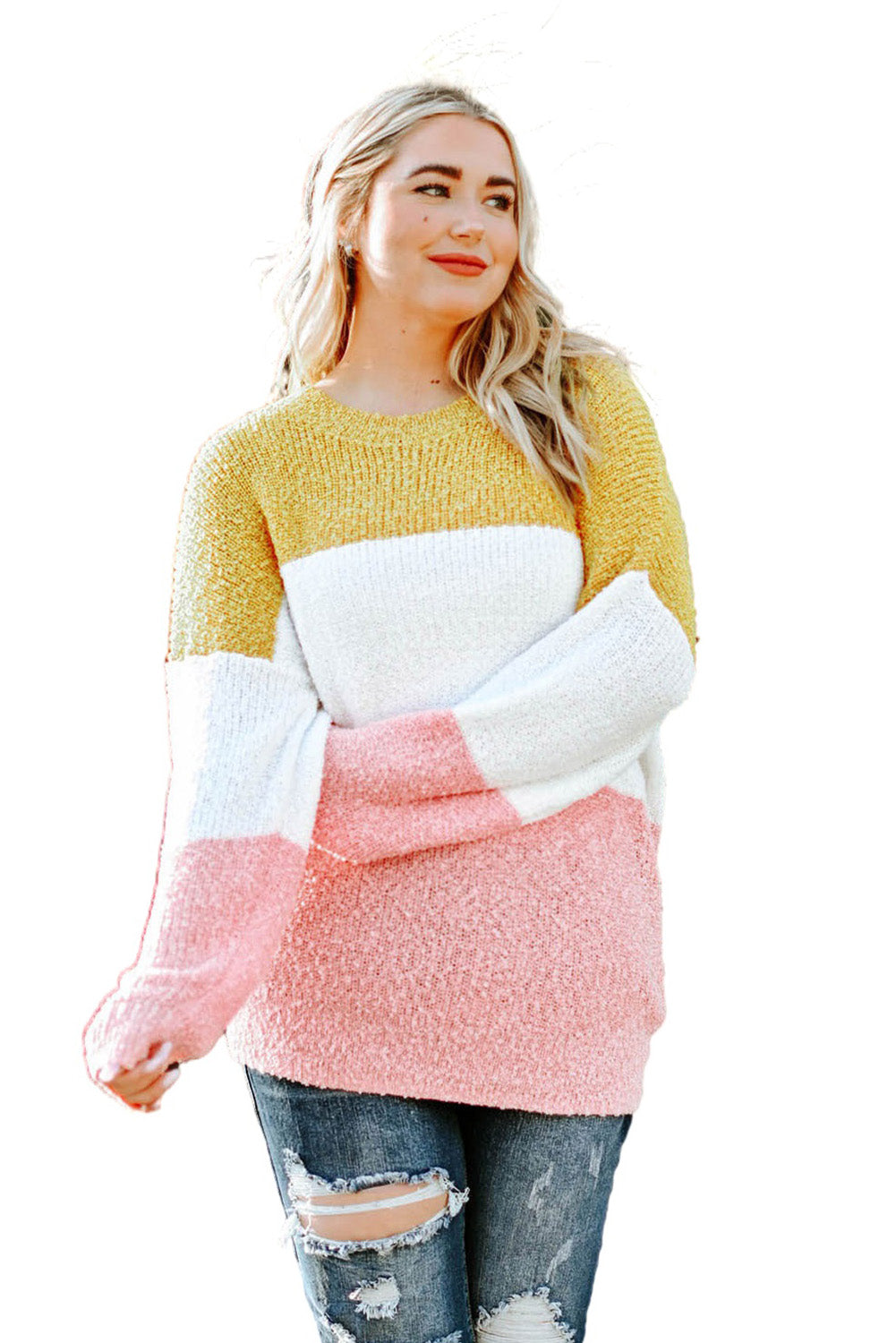 Vibrant yellow colorblock plus size sweater with bubble sleeves