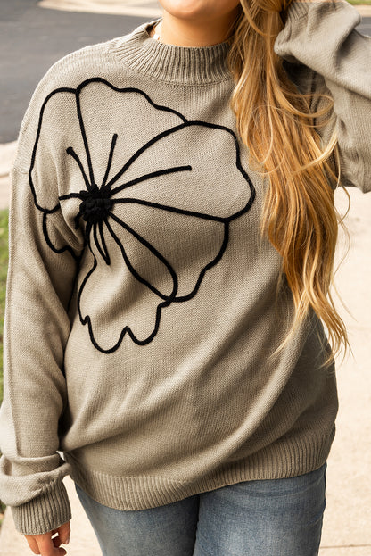 Chic dark khaki plus size sweater with vibrant flower pattern and high neck design