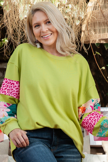 Chic green plus size patchwork sleeve split sweatshirt