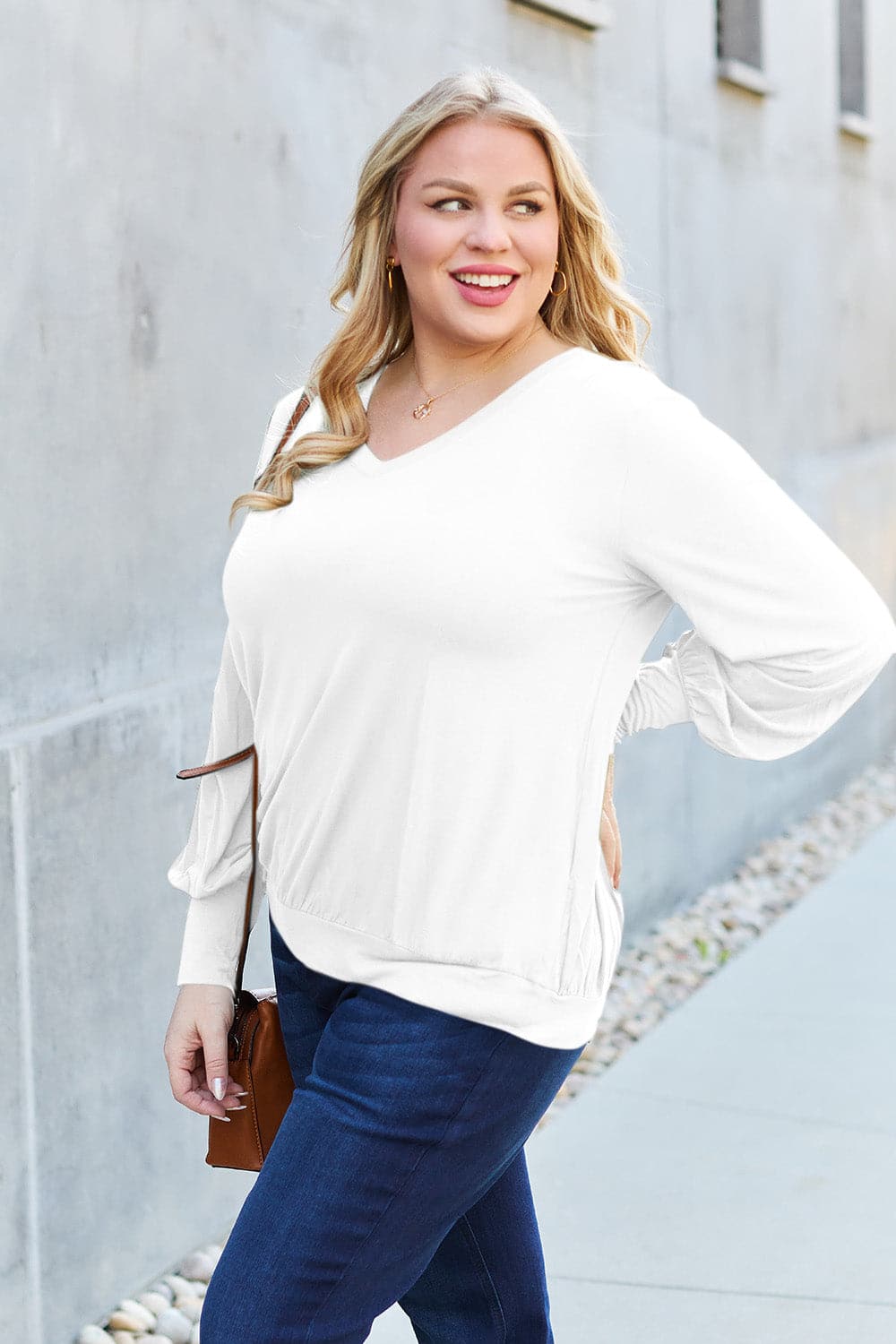 Basic Bae Full Size V-Neck Lantern Sleeve Top.