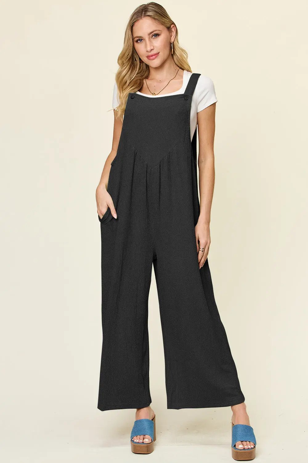 Double Take Full Size Texture Sleeveless Wide Leg Overall - Love Salve