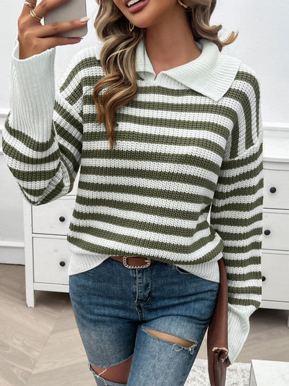 Striped Collared Neck Long Sleeve Sweater.