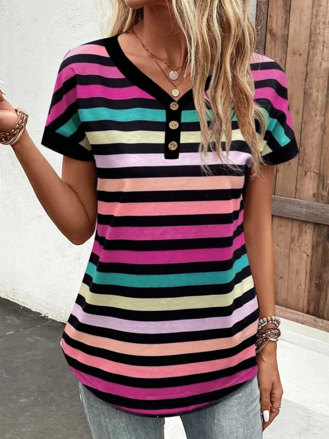 Striped V-Neck Short Sleeve T-Shirt.