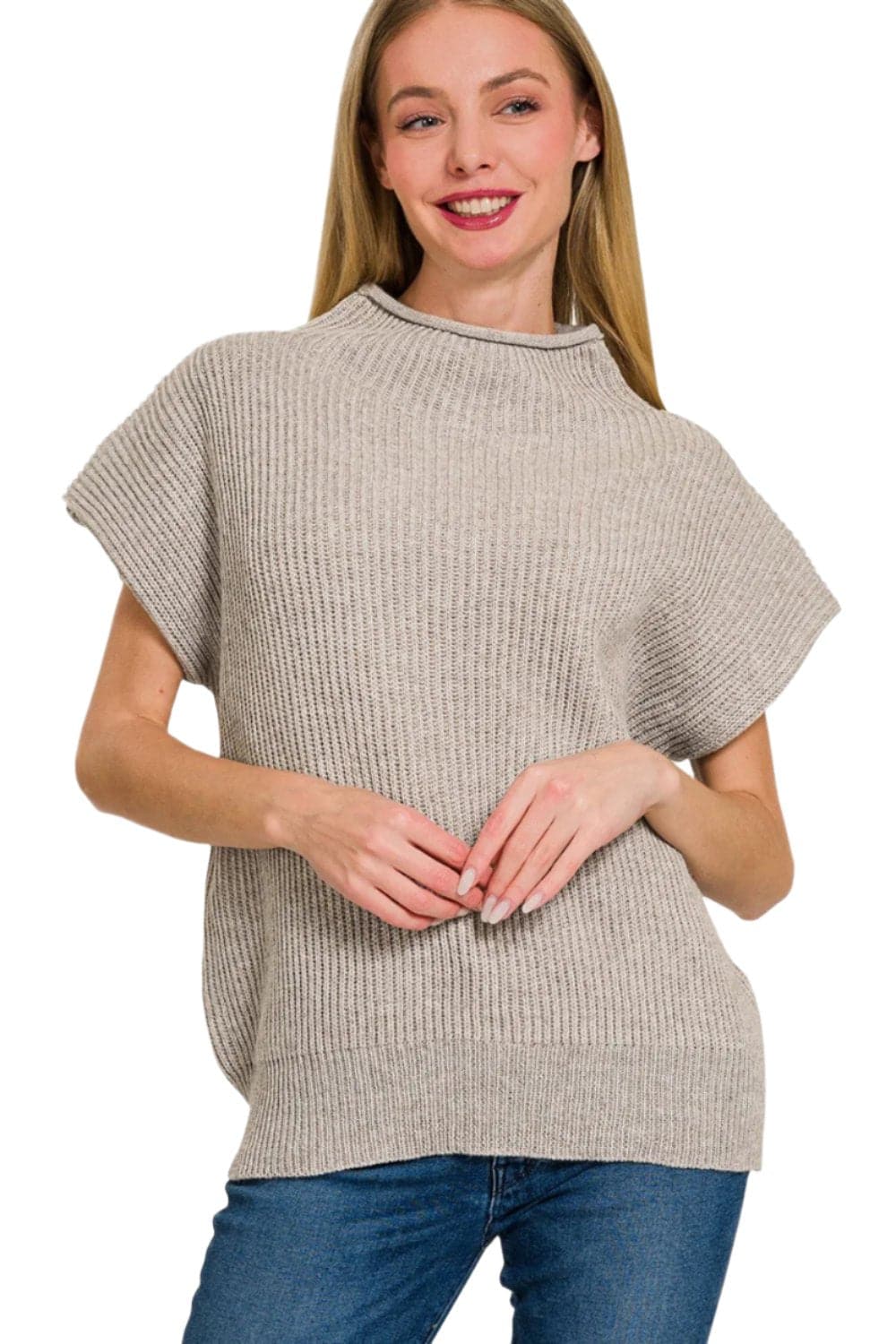 Zenana Short Sleeve Mock Neck Sweater.