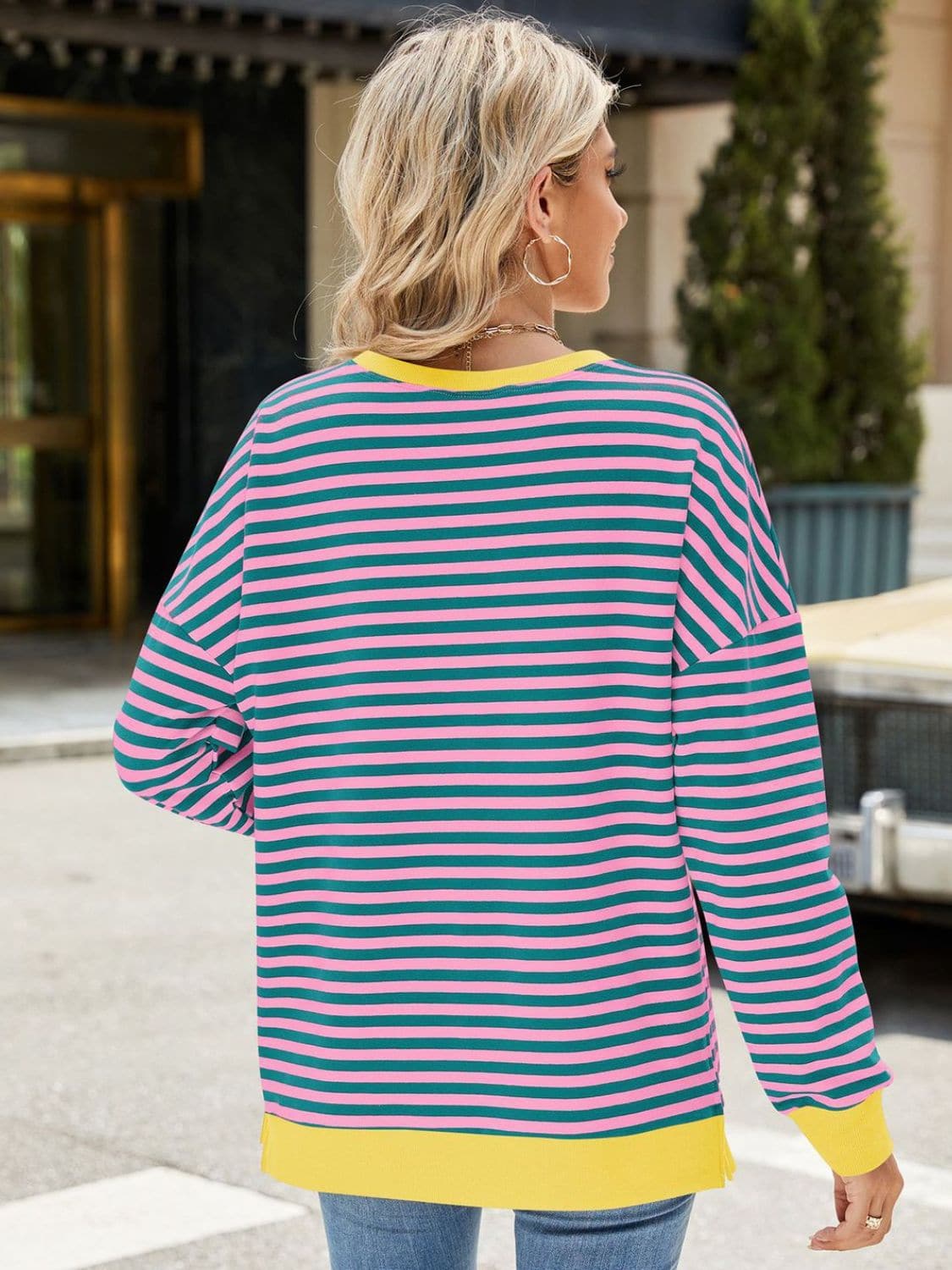 Slit Striped Round Neck Long Sleeve Sweatshirt.