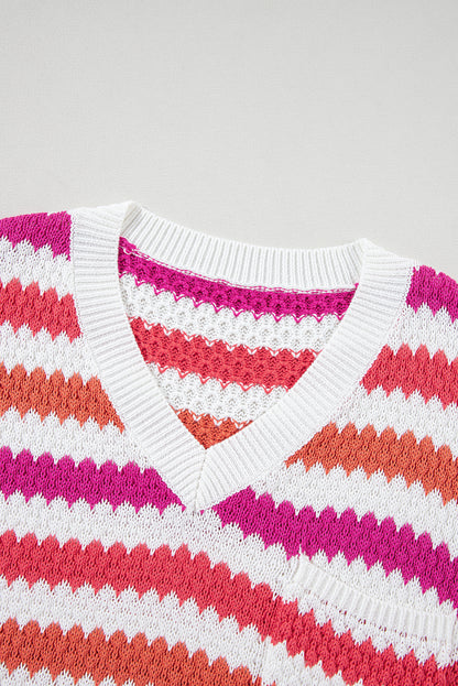 Chic pink striped v-neck plus size sweater with drop shoulders