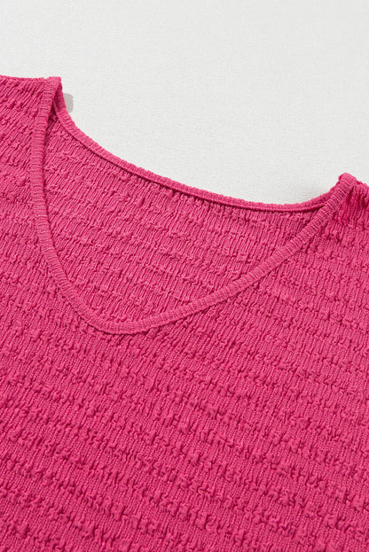 Chic bright pink rolled sleeve V neck tee for effortless style