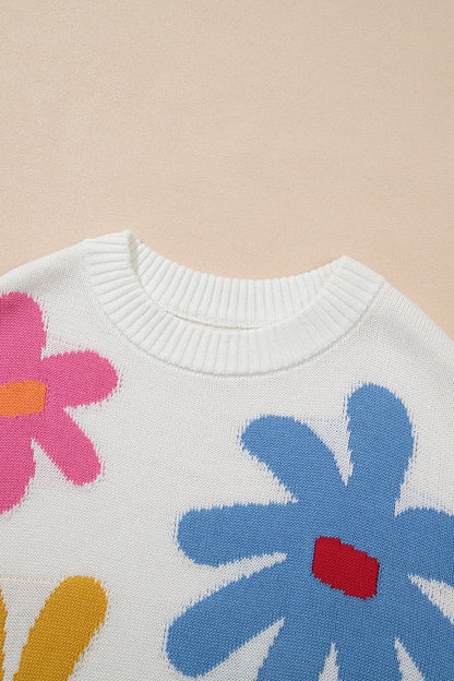 Flower Round Neck Dropped Shoulder Sweater.