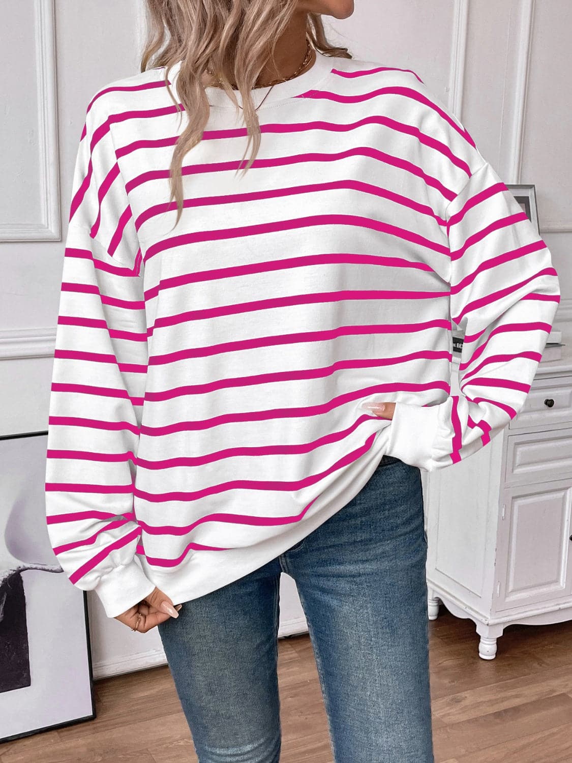 Striped Round Neck Long Sleeve Sweatshirt.