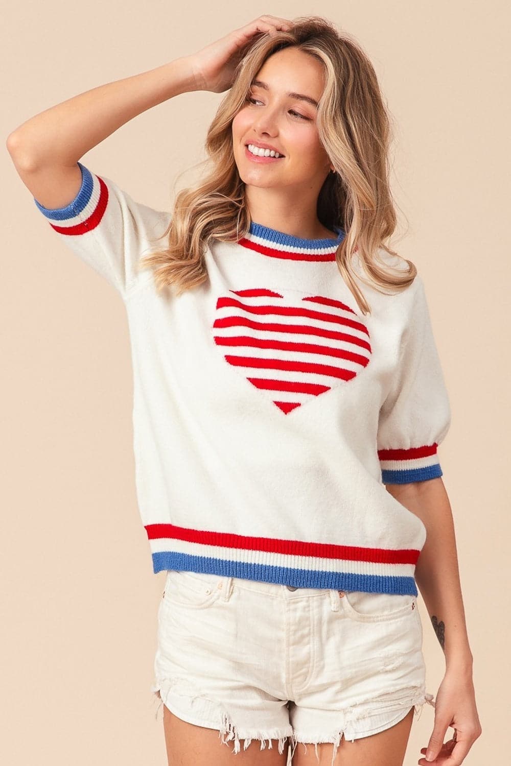 BiBi US Flag Theme Striped Heart Sweater.