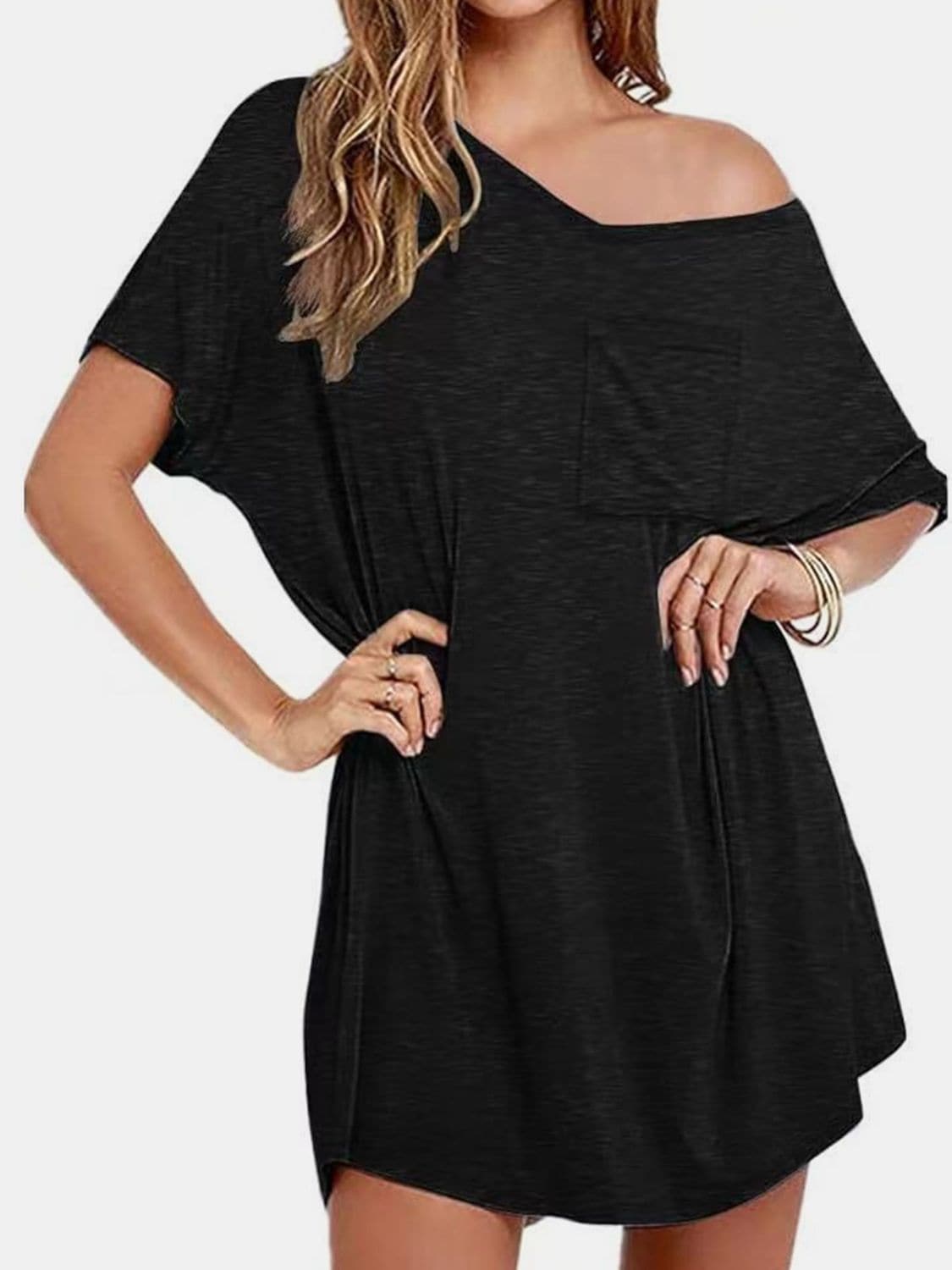 Pocketed V-Neck Short Sleeve Tee Dress.