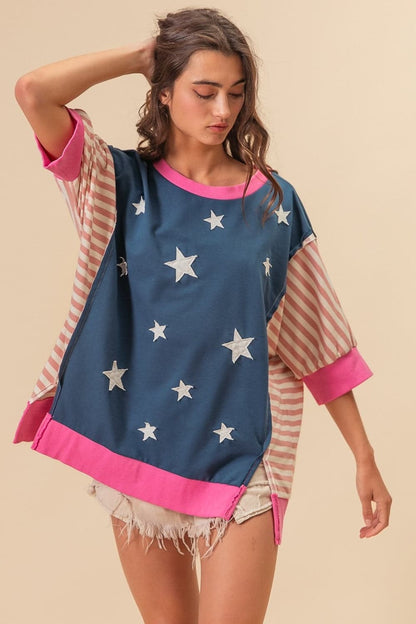 BiBi US Flag Theme Color Block Star Patch T-Shirt.