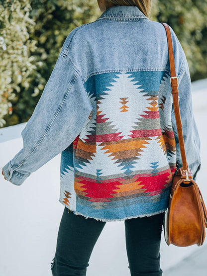 Collared Neck Dropped Shoulder Denim Jacket.