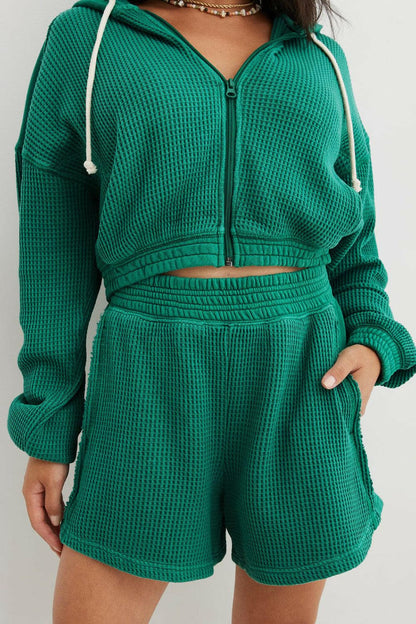 Waffle-Knit Zip Up Hoodie and Shorts Set.