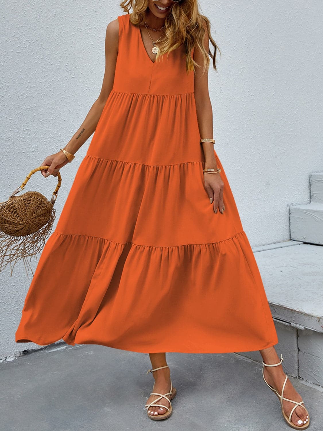 Tiered V-Neck Sleeve Dress.