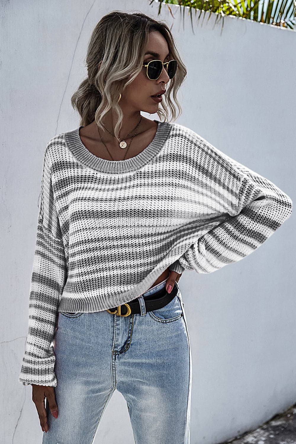 Striped Round Neck Dropped Shoulder Sweater.