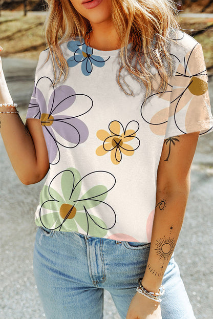 Beige floral print round neck tee for summer vibes