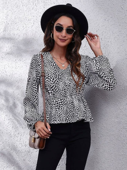 Ruched Printed V-Neck Long Sleeve Blouse.