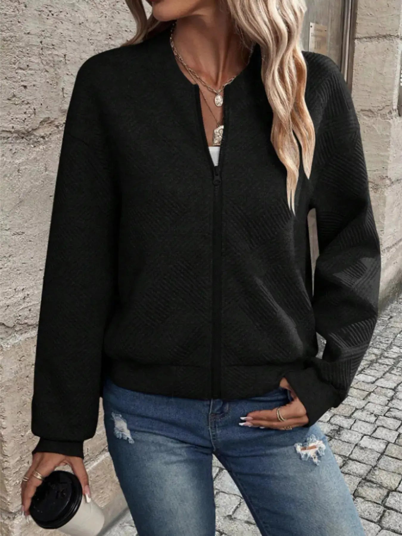 Textured Knit Zip-Up Bomber Jacket Simply Love
