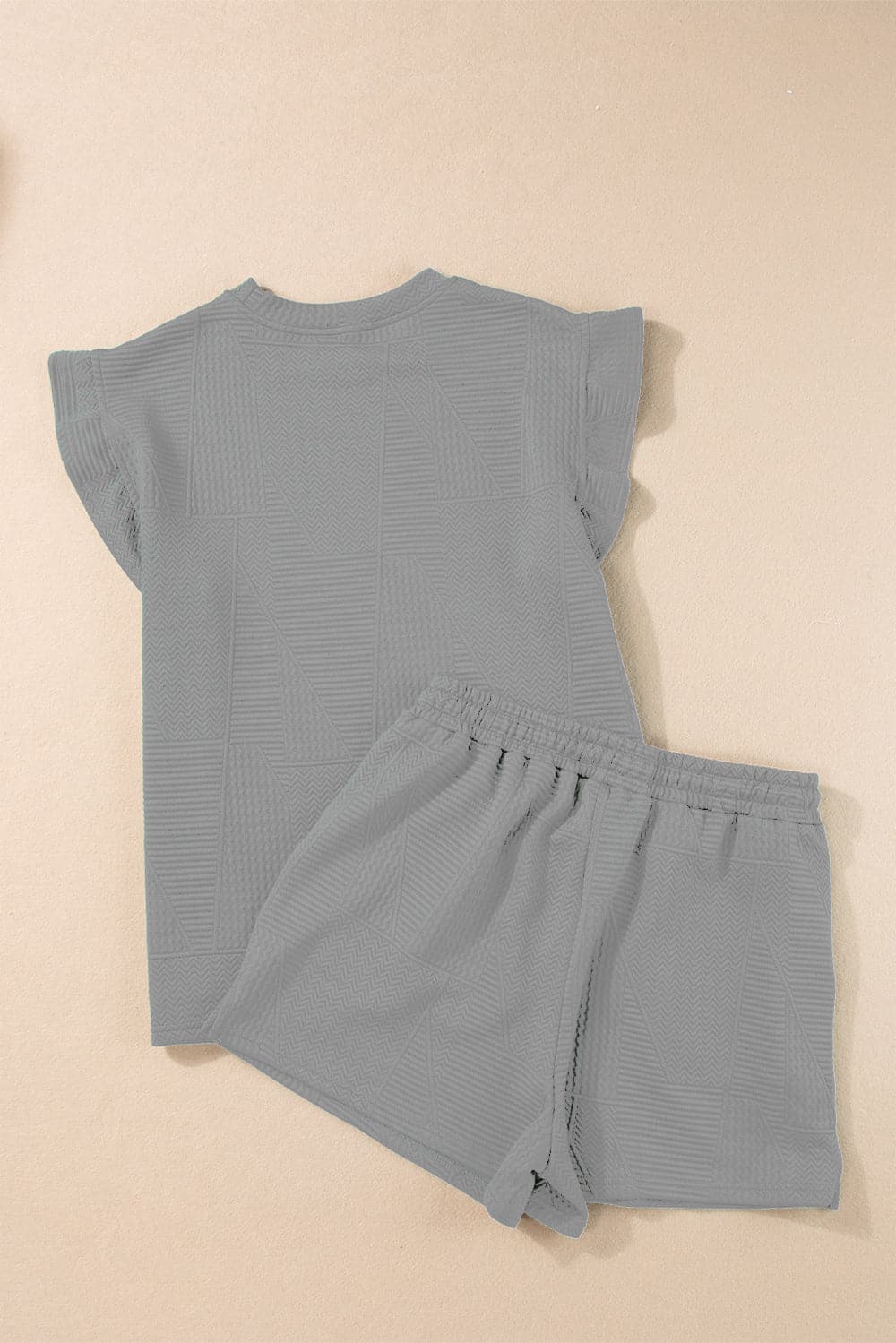 Slit Round Neck Top and Drawstring Shorts Set.