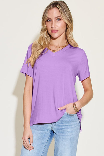 Basic Bae Bamboo Full Size V-Neck High-Low T-Shirt.