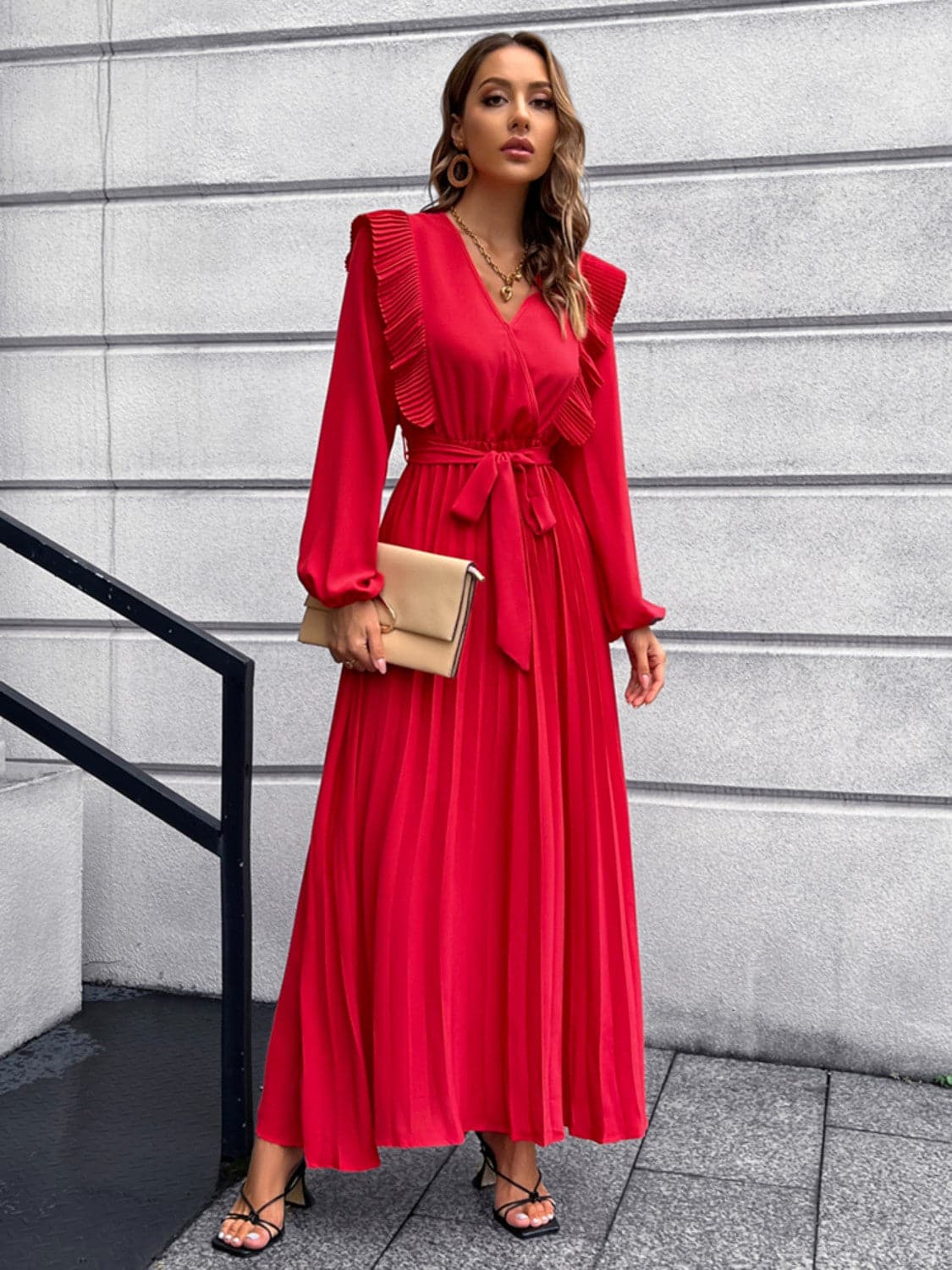 Pleated Surplice Tie Waist Maxi Dress.