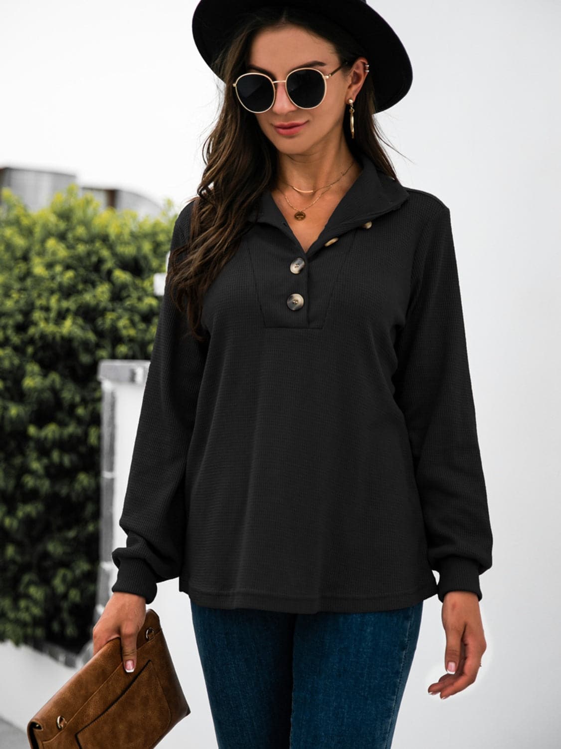 Chic half button long sleeve top